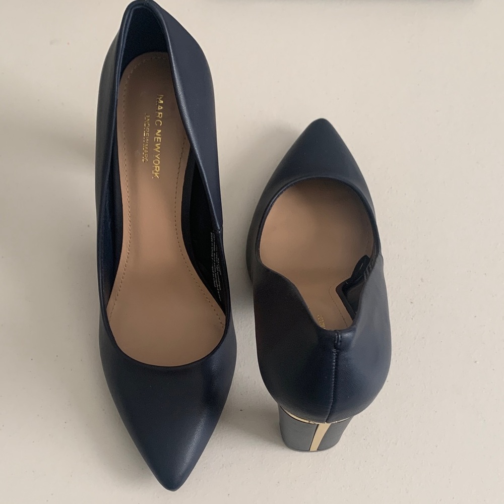 Marc New York Navy Pointed-Toe Heels with Gold Accent